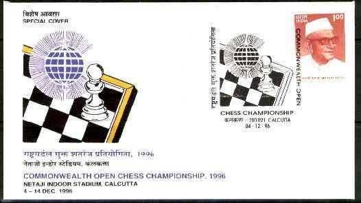 India 1996 Commonwealth Open Chess Championship illustrated cover with special cancellation, stamps on chess
