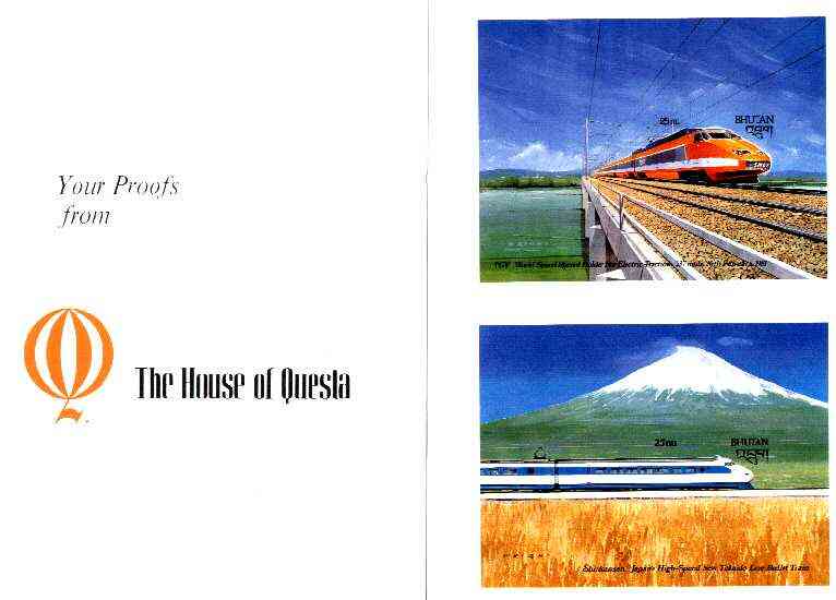 Bhutan 1988 Transport Innovations - Shinkansen and TGV Railways imperf m/sheets mounted in Folder entitled Your Proofs from the House of Questa, exceptionally rare ex Gov..., stamps on railways