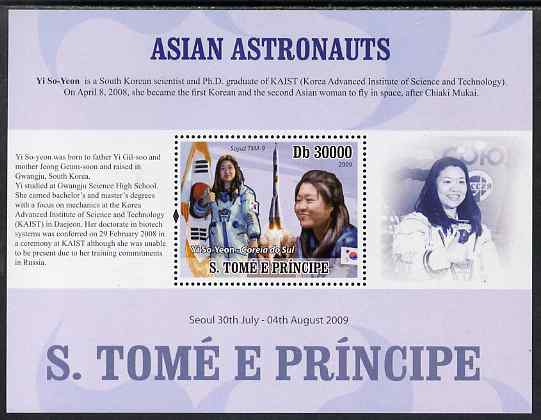 St Thomas & Prince Islands 2009 Asian Astronauts - Yi So  Yeon perf s/sheet (English Text) unmounted mint, stamps on space, stamps on personalities, stamps on soyuz