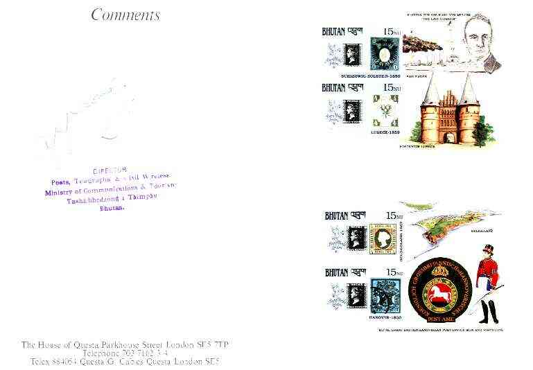 Bhutan 1990 150th Anniversary of Penny Black - SMS Emden & Postillion imperf m/sheets mounted in Folder entitled Your Proofs from the House of Questa, signed and approved..., stamps on stamp centenary, stamps on stamp on stamp, stamps on ships, stamps on postman, stamps on stamp exhibitions, stamps on stamponstamp
