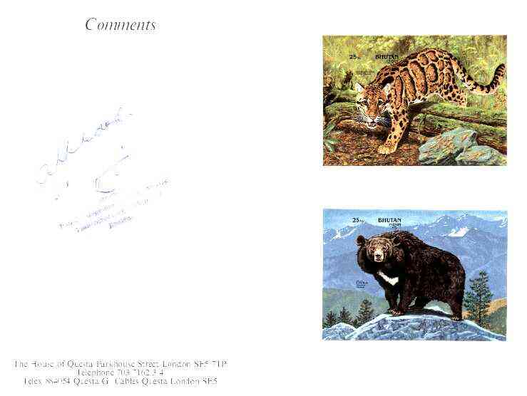 Bhutan 1990 Endangered Wildlife - 25nu (Leopard) & 25nu (Black Bear) imperf m/sheets mounted in Folder entitled Your Proofs from the House of Questa, signed and approved ..., stamps on animals, stamps on cats, stamps on bears, stamps on leopard