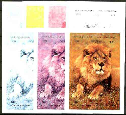 Batum 1997 Lion composte sheet containing 4 values - the set of 7 imperf progressive proofs comprising the 4 individual colours, plus 2, 3 and all 4-colour composites unmounted mint, stamps on cats, stamps on lion, stamps on animals