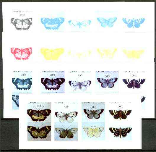 Abkhazia 1996 Butterflies sheetlet containing set of 4 values - the set of 7 imperf progressive proofs comprising the 4 individual colours, plus 2, 3 and all 4-colour composites, stamps on butterflies