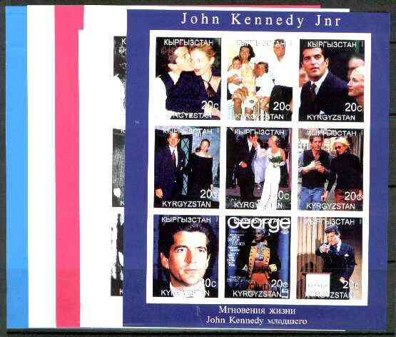 Kyrgyzstan 1999 John Kennedy Jnr sheetlet containing complete set of 9 values - the set of 5 imperf progressive proofs comprising the 4 individual colours, plus all 4-col..., stamps on personalities, stamps on kennedy