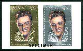 Guyana 1995 Elvis Presley 60th Birthday sheetlet in card containing two $300 values embossed in gold & silver foil (1 of each with saw-tooth edges) overprinted SPECIMEN, stamps on music, stamps on personalities, stamps on elvis, stamps on entertainments, stamps on films, stamps on cinema