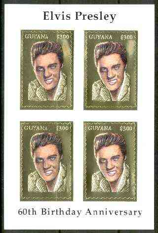 Guyana 1995 Elvis Presley 60th Birthday m/sheet in card containing four $300 values embossed in gold foil (with saw-tooth edges) from a numbered limited printing, stamps on music, stamps on personalities, stamps on elvis, stamps on entertainments, stamps on films, stamps on cinema
