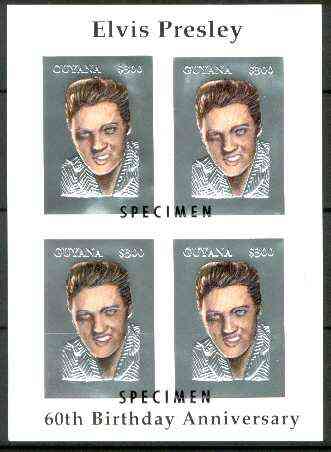 Guyana 1995 Elvis Presley 60th Birthday m/sheet in card containing four $300 values embossed in silver foil (with plain edges) overprinted SPECIMEN, stamps on music, stamps on personalities, stamps on elvis, stamps on entertainments, stamps on films, stamps on cinema
