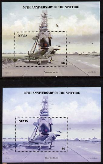Nevis 1986 Spitfire (Seafire) on Aircraft Carrier $6 m/sheet with yellow omitted plus normal unmounted mint (SG MS 376) , stamps on aviation, stamps on  ww2 , stamps on  raf , stamps on ships, stamps on flat tops, stamps on  raf , stamps on 