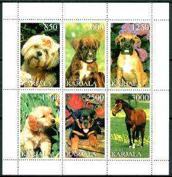 Karjala Republic 1997 Dogs perf sheetlet containing complete set of 6 (5 dogs, 1 horse) unmounted mint, stamps on dogs, stamps on horses    