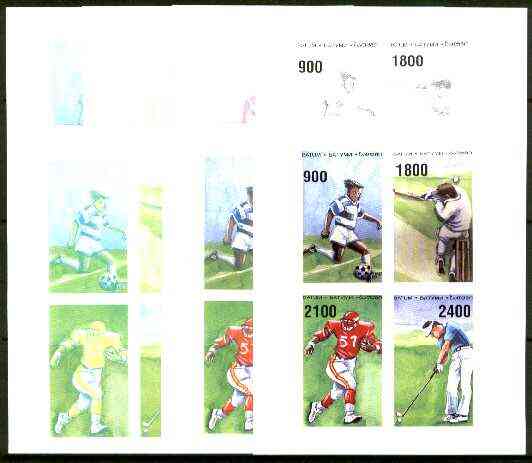 Batum 1996 Sports (Football, Cricket, American Football & Golf) set of 7 imperf progressive proofs comprising the 4 basic colours plus 2, 3 and all 4-colour composites un..., stamps on cricket, stamps on football, stamps on golf, stamps on sport