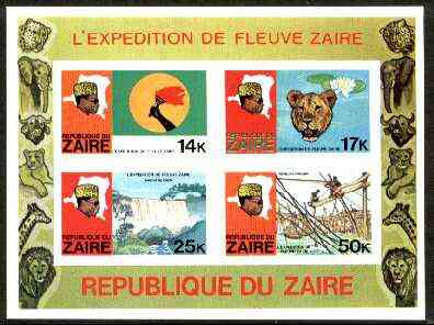Zaire 1979 River Expedition m/sheet #2 (Torch, Leopard, waterfall & Fishermen), IMPERF unmounted mint, stamps on waterfalls, stamps on animals, stamps on fish, stamps on marine life, stamps on maps, stamps on cats