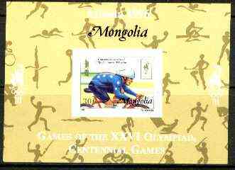 Mongolia 1996 Atlanta Olympics 30t (Cycling) imperf m/sheet with Centenary overprint unmounted mint, stamps on olympics, stamps on sport, stamps on bicycles