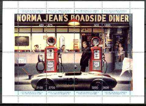 Touva 1995? Norma Jean's Roadside Diner perf composite sheetlet containing 8 values featuring Marilyn Monroe, James Dean, Bogart & Clark Gable (with oil pumps) unmounted mint, stamps on personalities, stamps on marilyn monroe, stamps on entertainments, stamps on films, stamps on cinema, stamps on  oil , stamps on energy, stamps on masonics, stamps on masonry
