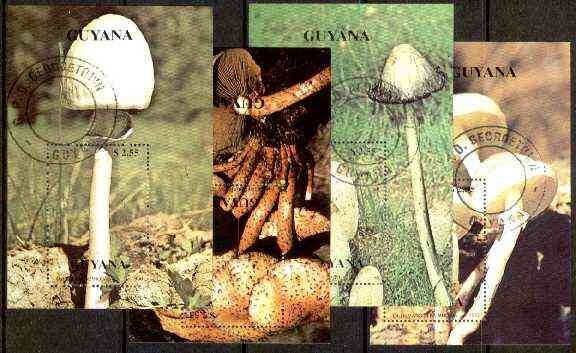 Guyana 1990 Mushrooms set of 4 individual souvenir sheets fine cto used, as Sc #2348-51, stamps on fungi