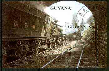 Guyana 1990 British Steam Locomotives m/sheet (GWR Castle Class) fine cto used Sc #2296, stamps on railways, stamps on castles