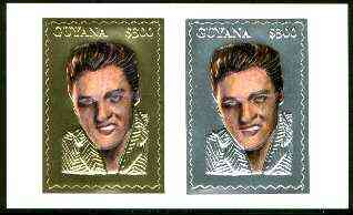 Guyana 1995 Elvis Presley 60th Birthday sheetlet in card containing two $300 values embossed in gold & silver foil (1 of each with saw-tooth edges) , stamps on music, stamps on personalities, stamps on elvis, stamps on entertainments, stamps on films, stamps on cinema