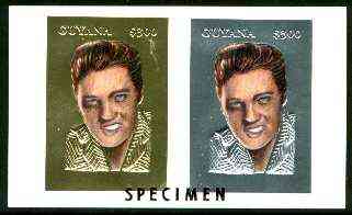 Guyana 1995 Elvis Presley 60th Birthday sheetlet in card containing two $300 values embossed in gold & silver foil (1 of each with plain edges) overprinted SPECIMEN, stamps on music, stamps on personalities, stamps on elvis, stamps on entertainments, stamps on films, stamps on cinema