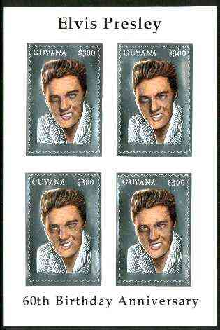 Guyana 1995 Elvis Presley 60th Birthday m/sheet in card containing four $300 values embossed in silver foil (with saw-tooth edges) from a numbered limited printing, stamps on music, stamps on personalities, stamps on elvis, stamps on entertainments, stamps on films, stamps on cinema