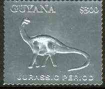 Guyana 1994 Jurassic Period #1 $300 perf and embossed in silver foil from a limited numbered edition unmounted mint, stamps on dinosaurs