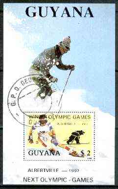 Guyana 1988 Winter Olympic Games $2 perf m/sheet (Downhill Skiing) fine cto used , stamps on sport, stamps on olympics, stamps on skiing