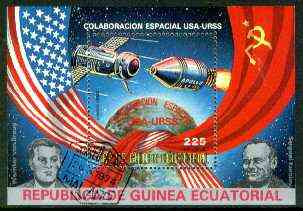 Equatorial Guinea 1974 USA & USSR Space Collaboration (Von Braun & Korolev) perf m/sheet very fine cto used, stamps on space, stamps on 