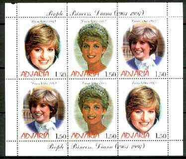 Adjaria 1999 Princess Diana sheetlet containing complete set of 6 values unmounted mint, stamps on royalty, stamps on diana