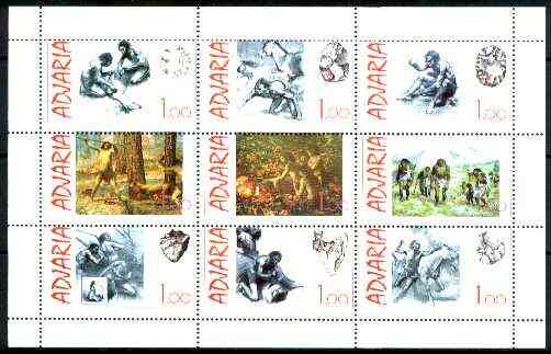 Adjaria 1999 Prehistoric Man sheetlet containing complete set of 9 values unmounted mint, stamps on dinosaurs, stamps on hunting
