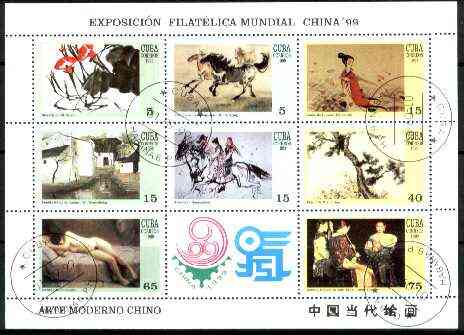 Cuba 1999 Chinese Paintings sheetlet containing complete set of 8 values plus label for China 99 Stamp Exhibition) fine cto used, stamps on , stamps on  stamps on arts, stamps on horses, stamps on nudes, stamps on stamp exhibitions