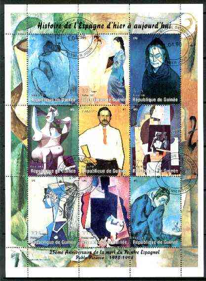 Guinea - Conakry 1998 Paintings by Picasso perf sheetlet #1 containing complete set of 9 values fine cto used, stamps on arts, stamps on picasso, stamps on nudes