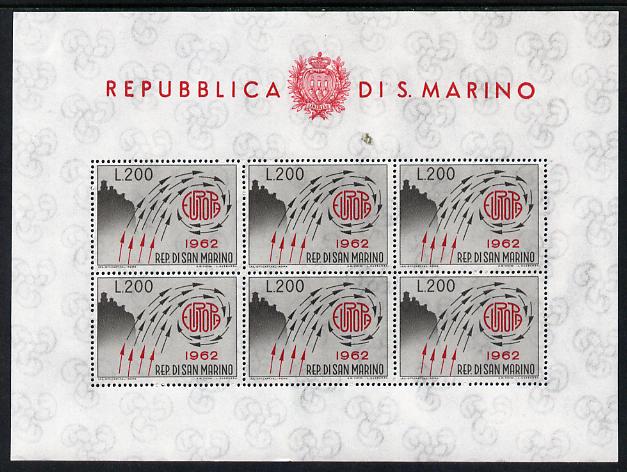 San Marino 1962 Europa 200 lira in sheetlet of 6 unmounted mint as SG 689, stamps on europa