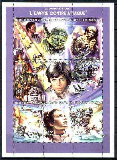 Togo 1999 Star Wars 'The Empire Strikes back' perf sheetlet containing 9 values, unmounted mint, stamps on space, stamps on sci-fi, stamps on films, stamps on cinema
