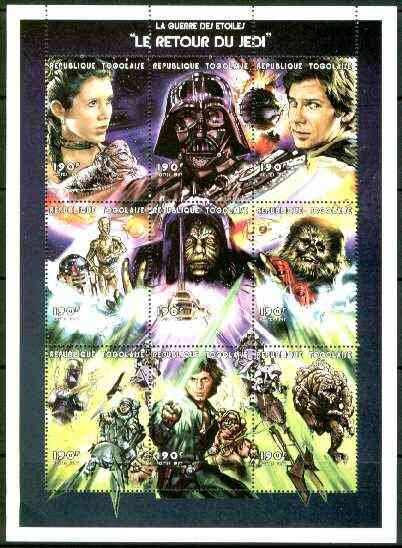 Togo 1999 Star Wars 'The Return of the Jedi' perf sheetlet containing 9 values, unmounted mint, stamps on space, stamps on sci-fi, stamps on films, stamps on cinema