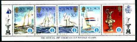 Solomon Islands 1986 Americas Cup Yachting Championship, m/sheet #01 (of 10) comprising 5 values, unlisted by SG (the set of 10 m/sheets represent the complete set of 50 ..., stamps on ships, stamps on yachts, stamps on sailing, stamps on sport