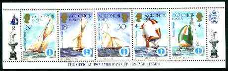 Solomon Islands 1986 Americas Cup Yachting Championship, m/sheet #02 (of 10) comprising 5 values, unlisted by SG (the set of 10 m/sheets represent the complete set of 50 ..., stamps on ships, stamps on yachts, stamps on sailing, stamps on sport