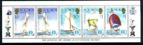 Solomon Islands 1986 Americas Cup Yachting Championship, m/sheet #03 (of 10) comprising 5 values, unlisted by SG (the set of 10 m/sheets represent the complete set of 50 ..., stamps on ships, stamps on yachts, stamps on sailing, stamps on sport