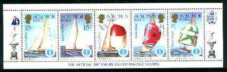 Solomon Islands 1986 Americas Cup Yachting Championship, m/sheet #04 (of 10) comprising 5 values, unlisted by SG (the set of 10 m/sheets represent the complete set of 50 ..., stamps on ships, stamps on yachts, stamps on sailing, stamps on sport
