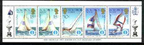 Solomon Islands 1986 Americas Cup Yachting Championship, m/sheet #05 (of 10) comprising 5 values, unlisted by SG (the set of 10 m/sheets represent the complete set of 50 ..., stamps on ships, stamps on yachts, stamps on sailing, stamps on sport