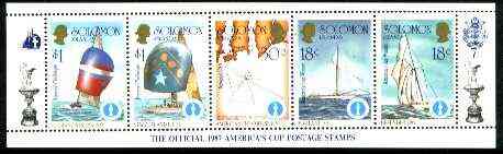 Solomon Islands 1986 Americas Cup Yachting Championship, m/sheet #07 (of 10) comprising 5 values, unlisted by SG (the set of 10 m/sheets represent the complete set of 50 ..., stamps on ships, stamps on yachts, stamps on sailing, stamps on sport, stamps on maps