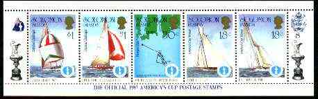 Solomon Islands 1986 Americas Cup Yachting Championship, m/sheet #08 (of 10) comprising 5 values, unlisted by SG (the set of 10 m/sheets represent the complete set of 50 ..., stamps on ships, stamps on yachts, stamps on sailing, stamps on sport, stamps on maps