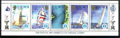 Solomon Islands 1986 Americas Cup Yachting Championship, m/sheet #09 (of 10) comprising 5 values, unlisted by SG (the set of 10 m/sheets represent the complete set of 50 ..., stamps on ships, stamps on yachts, stamps on sailing, stamps on sport, stamps on maps