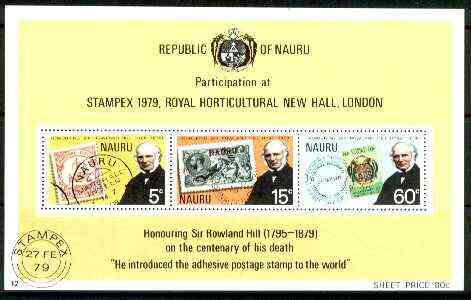 Nauru 1979 Rowland Hill perf m/sheet unmounted mint SG MS 207, stamps on postal, stamps on stamp on stamp, stamps on rowland hill, stamps on stamp exhibitions, stamps on stamponstamp