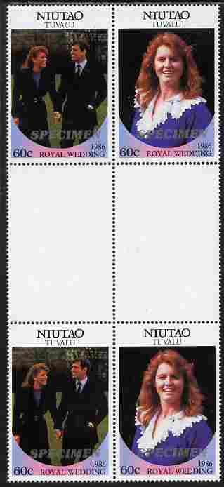 Tuvalu - Niutao 1986 Royal Wedding (Andrew & Fergie) 60c perf inter-paneau gutter block of 4 (2 se-tenant pairs) overprinted SPECIMEN in silver (Italic caps 26.5 x 3 mm) unmounted mint from Printer's uncut proof sheet, stamps on royalty, stamps on andrew, stamps on fergie, stamps on 
