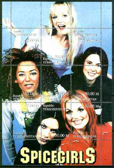 Turkmenistan 1999 Spice Girls composite perf sheetlet containing complete set of 9 values unmounted mint, stamps on music, stamps on spice, stamps on pops