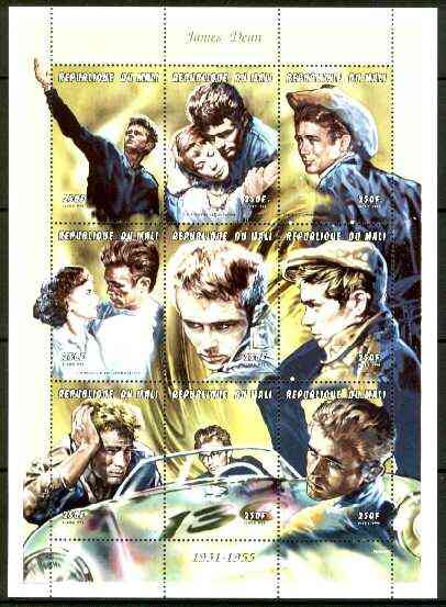 Mali 1999 James Dean perf sheetlet containing complete set of 9 values unmounted mint, stamps on films, stamps on cinema, stamps on entertainments