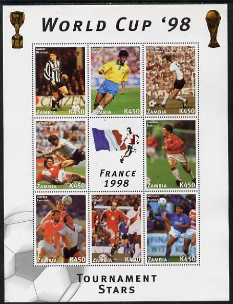 Zambia 1998 Football World Cup #1 perf sheet containing 8 values plus label unmounted mint, stamps on football