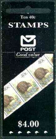 New Zealand 1990 $4.00 booklet containing pane of 10 x Brown Kiwi 40c, pristine, SG SB 53, stamps on birds, stamps on kiwi
