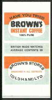 Match Box Labels - Brown's Instant Coffee 'All Round the Box' matchbox label in superb unused condition, stamps on coffee, stamps on drink