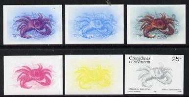 St Vincent - Grenadines 1985 Shell Fish 25c (King Crab as SG 360) set of 6 imperf progressive colour proofs comprising the four individual colours plus 2 & 3-colour composites unmounted mintNote: Due to a very fortunate purchase, I am able to sell this set at less than \A310 - other sellers on eBay are offering similar progressive proofs at between \A375 and \A3125 per set., stamps on crabs   marine-life