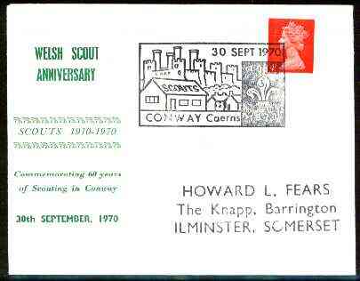 Great Britain 1970 Commemorative cover for Welsh Scout Anniversary (60 yrs of Scouting in Conway) with special illustrated cancel, stamps on scouts