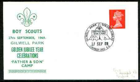 Great Britain 1969 Commemorative cover for Gilwell Park Golden Jubilee with special 'Father & Son Camp' cancel, stamps on scouts